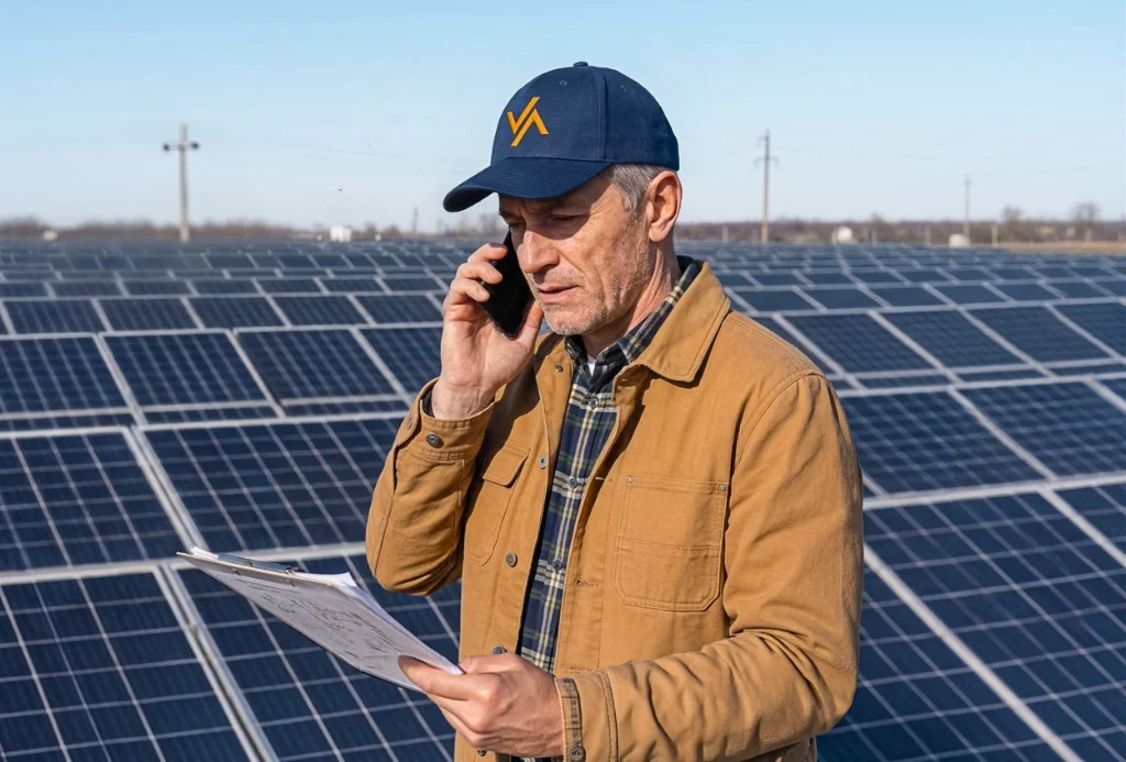 Vista de uma usina solar com fileiras de painéis fotovoltaicos